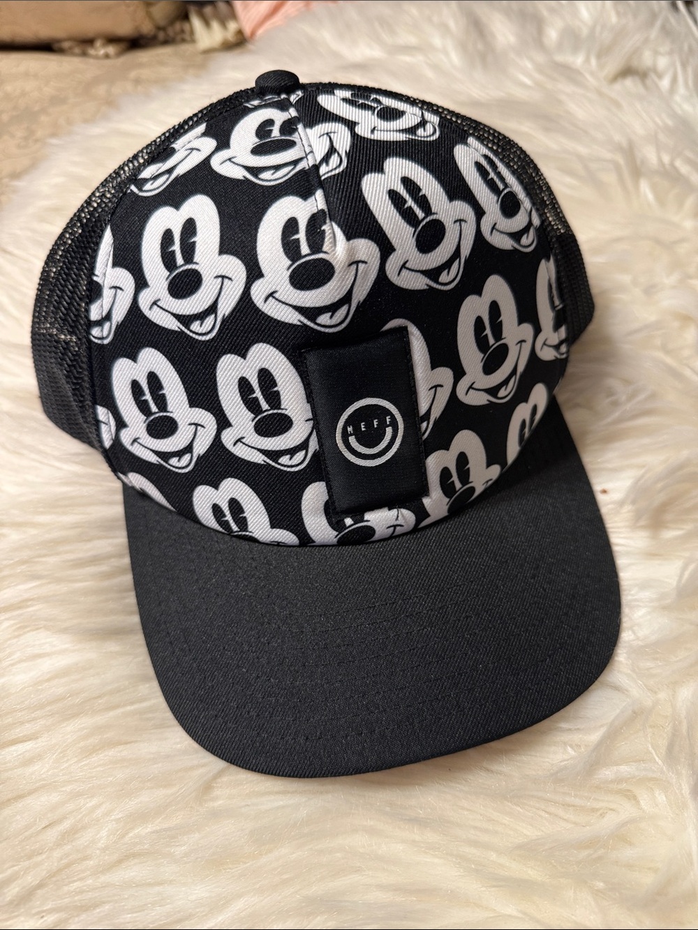 Neff Black and White Mickey Print Trucker Hat